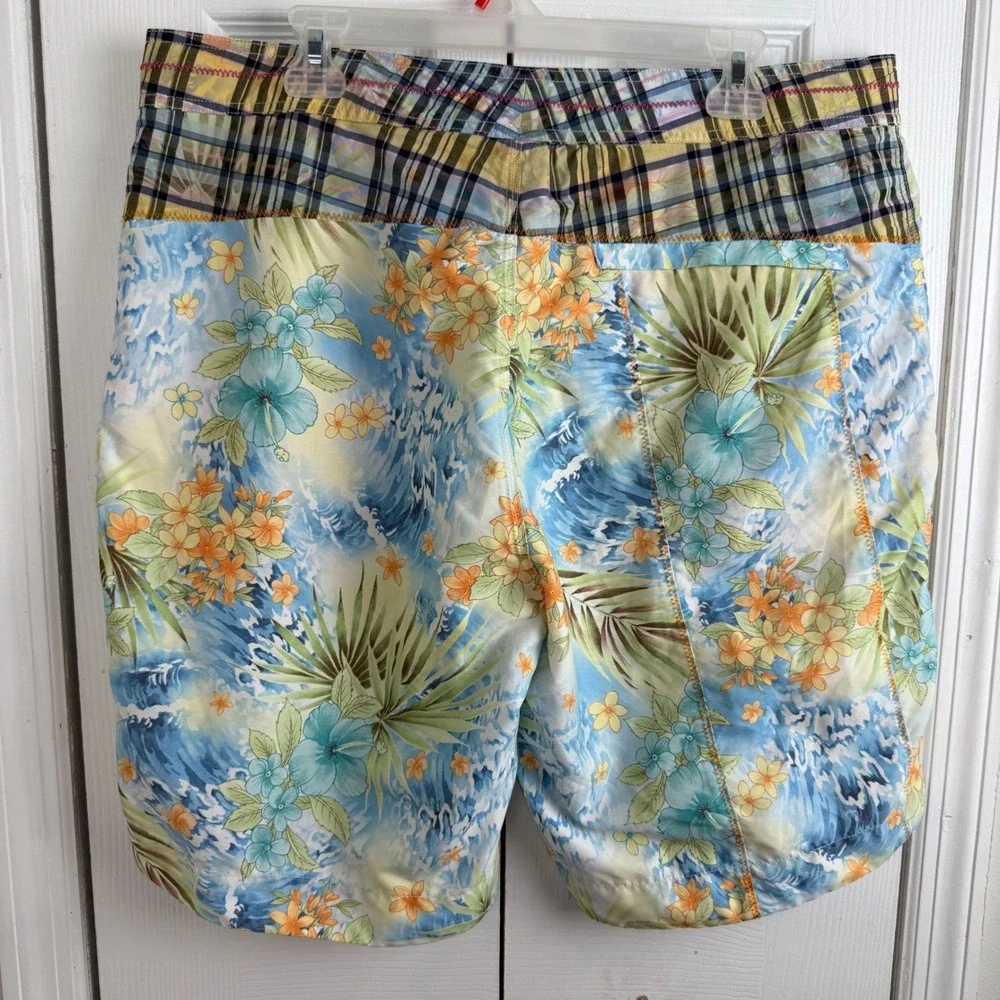 Robert Graham Swim Trunks 38 Patchwork Hawaiian Floral Plaid Surf‎ Beach Shorts